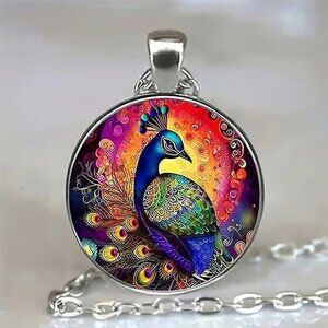 Silver PEACOCK Glass Cabochon Pendant Necklace